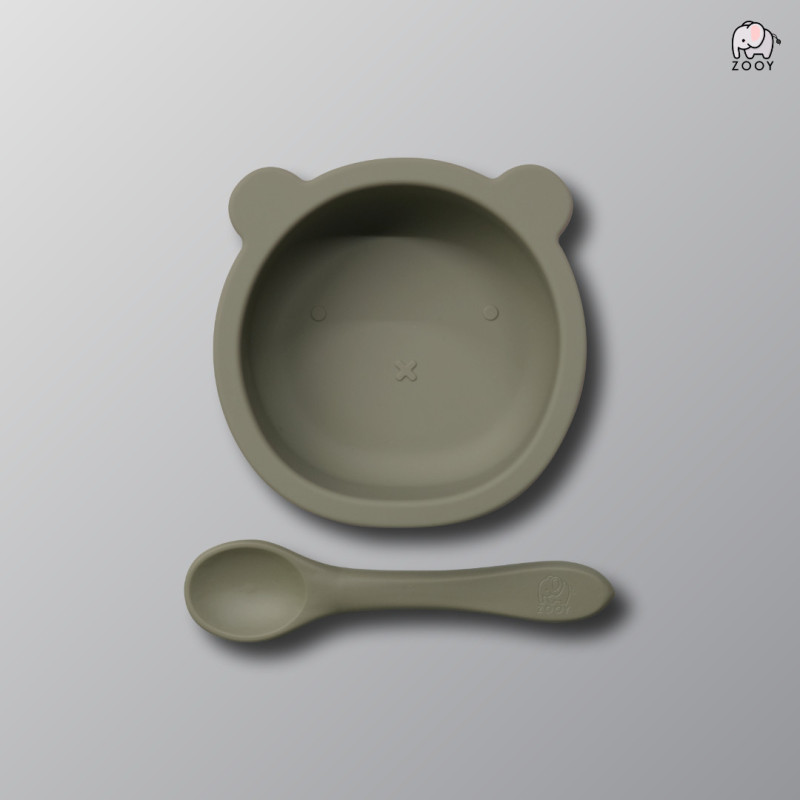 ZOOY Bear Bowl Silicone Suction With Spoon (Green Sage)